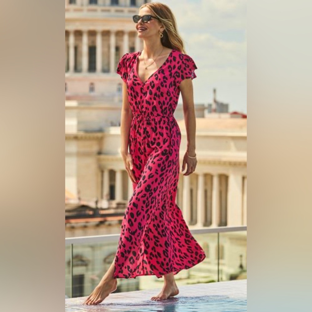 Sosandar Women’s Leopard Print Split Beach Maxi Dress Pink (Size 8UK/4US)